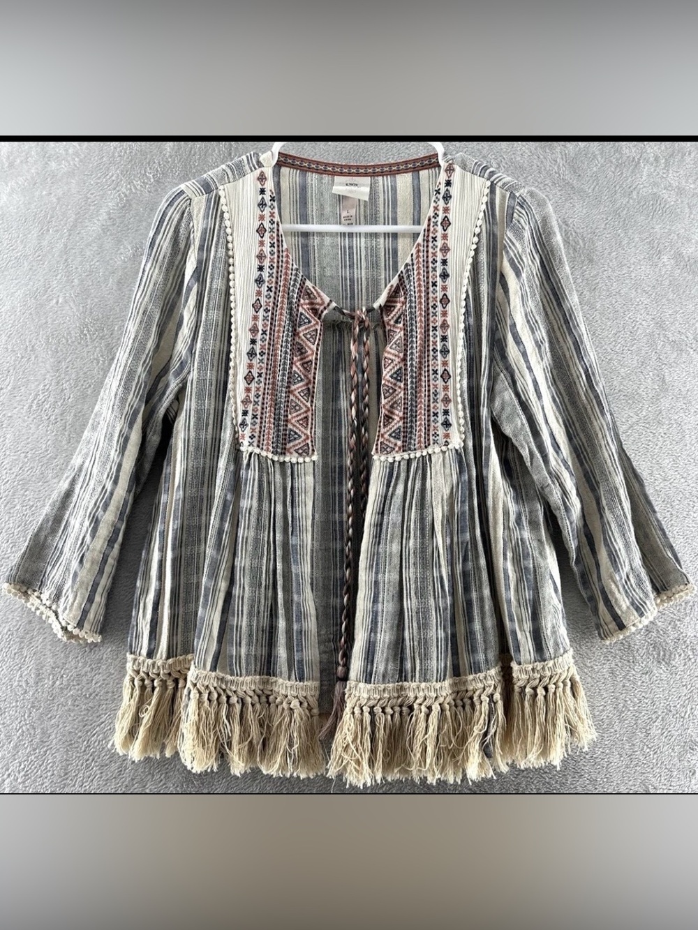 Knox Rose Striped Boho Tassel Jacket/Cardigan - Gray & Cream with Rust Accents
